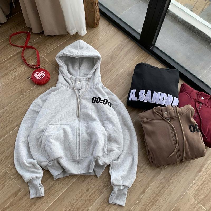 Áo khoác nữ nỉ dệt form rộng nút bấm thêu chữ nón 2 lớp Có Túi Trong Top Hoodie Women hoodie màu áo hoodie Voi