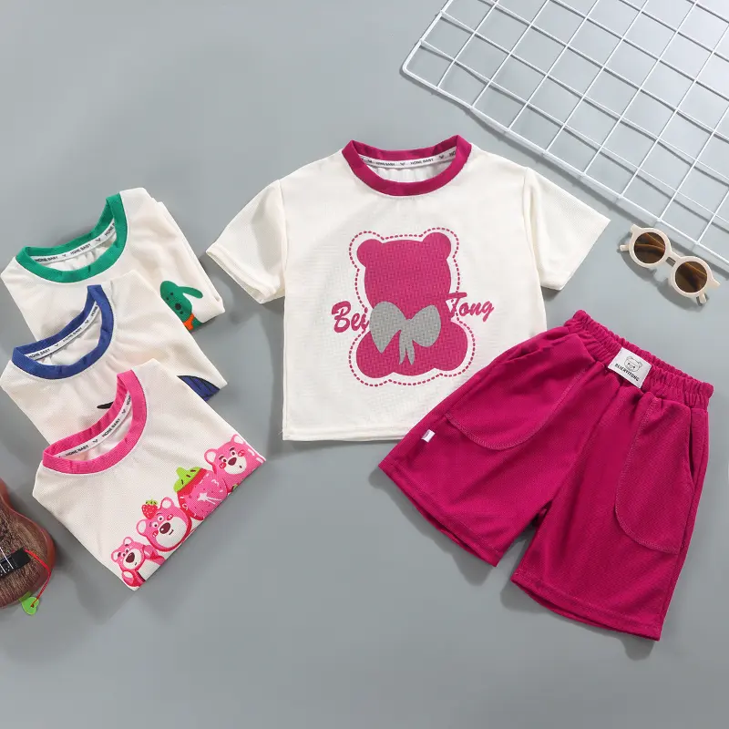 2025 New Children's Clothing Summer Children's Suit Casual Loose Clothes For Boys And Girls Waffle Short Sleeves Two-piece Set