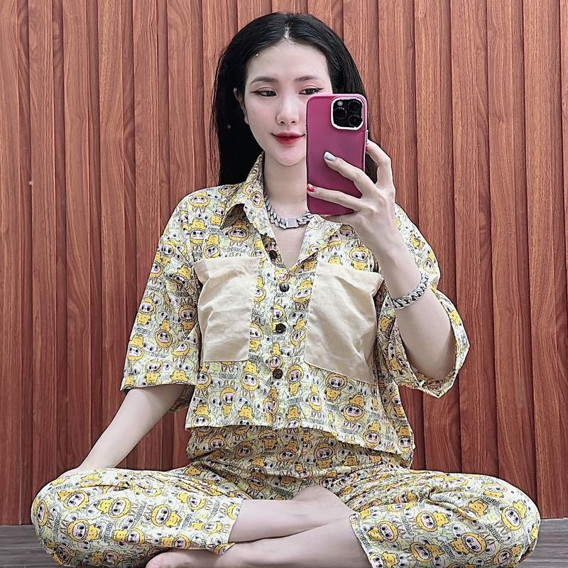 Bộ Lụa mango Labubu Dáng lửng túi to Tay lỡ quần baggy dài