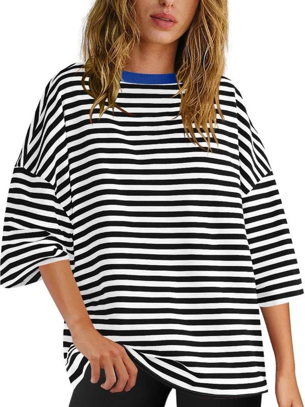 Women's Striped Print   Tee, Casual  Round Neck T-shirt for Summer, Ladies Clothes for Daily Wear 0