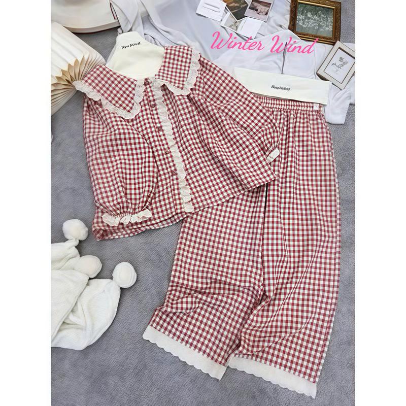 (Winter Wind) SÉT BỘ PYJAMA DÀI KẺ BÈO CÚC REN XINH SIU HÓT Win002 1