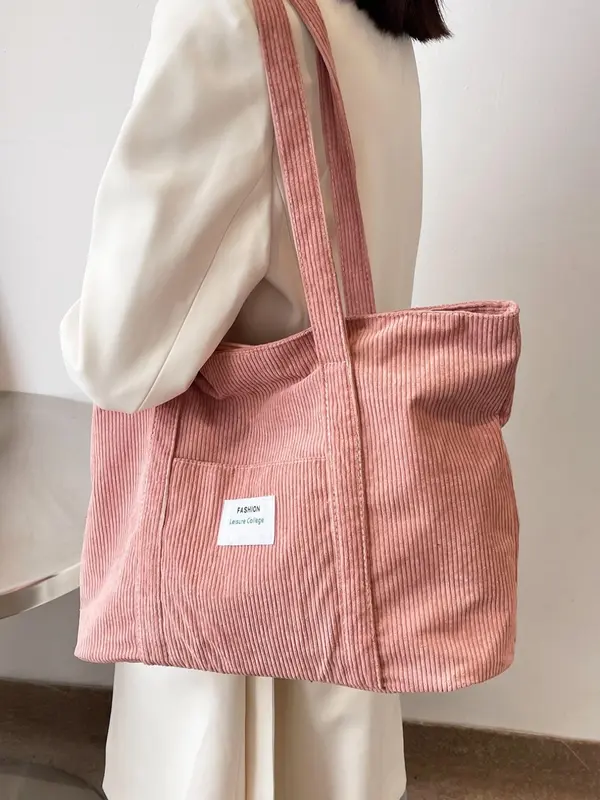 Solid Color Corduroy Tote Bags for Women, Gifts for Girlfriend, Fashionable Letter Label Decor Shoulder Bags for Work Office, Girls Large Capacity Shopping Bag, Handbags for Women, Handbags for School, Wife Up Work Bag, Travel Accessories 1