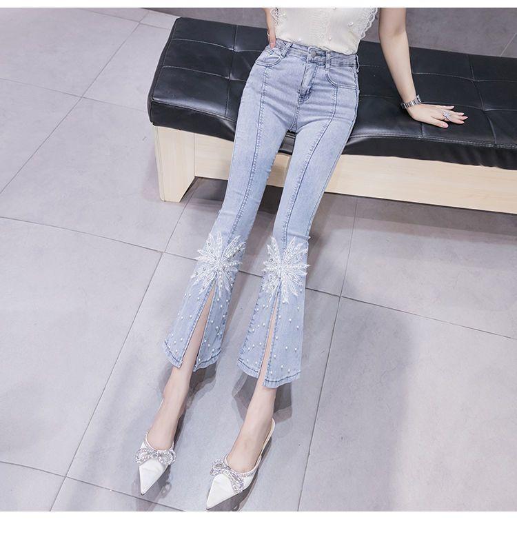 Product Introduction of Quần Jean Nữ, Phong Cách Người Ảnh Hưởng TikTok, Với Đính Cườm Nặng Và Ren, Cạp Cao, Mỏng Vừa Vặn, Dễ Phối Đồ, Quần Ống Loe, Hợp Xu hướng 24
