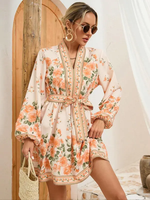 Women's Floral Print Belted V Neck Dress, Boho Fashion Casual Lantern Sleeve Short Dress for Daily Holiday Vacation Wear, Women Dress for All Seasons, Womenswear 2