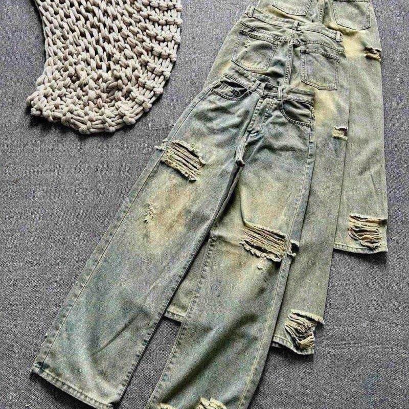 (S-2Xl)HHCHOU-Quần Jean Suông Rách Trước Sau Phủ Dơ nhẹ  Chất Jean Mềm Qc 103cm  (053) Nữ Women Pants