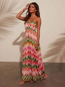 Women's Chevron Print Criss Cross Backless Cami Dress, Casual Ruffle Hem Spaghetti Strap Dress for Summer, Ladies Clothes for Beach Holiday