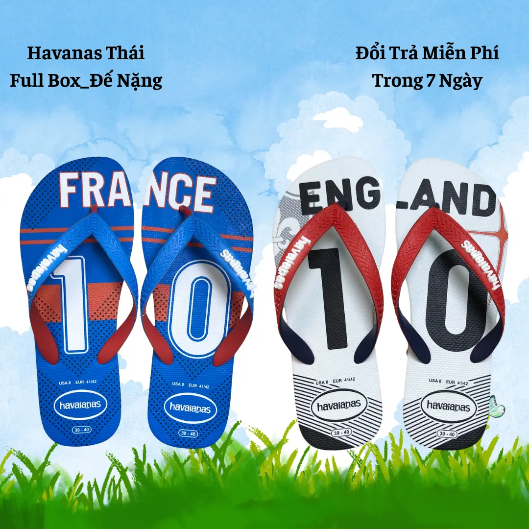 Dép Kẹp-Tông FullBox Dép Nam Hình in ENGLAND Trắng - FRANCE Xanh Đế Cao Su Nguyên Khối, Chống Trơn Trượt, Lâu Mòn, Thích Hợp Đi Biển-Đi Mưa Tim Quai Đen