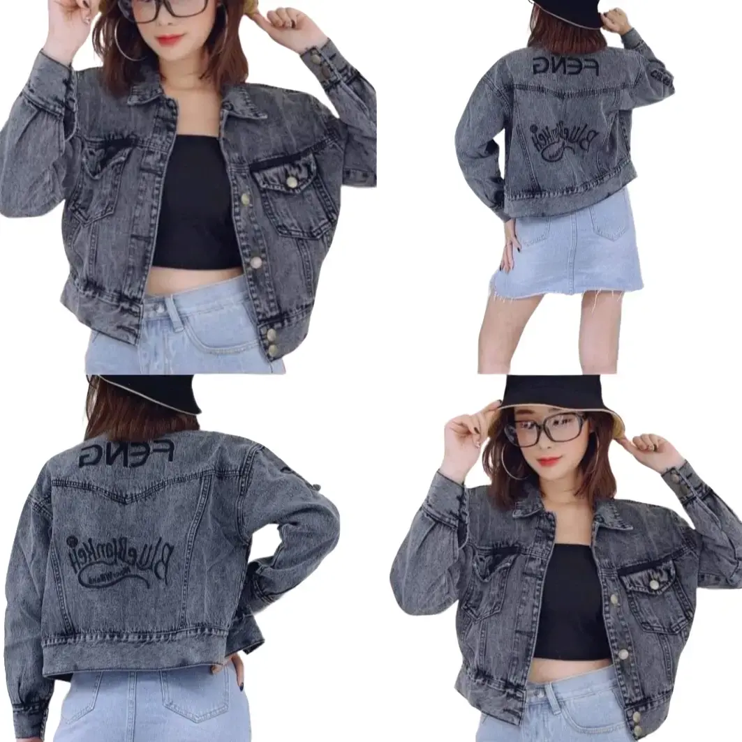 [40 75- TÚI TRONG]Áo khoác jean nữ  thêu xám chuột Feng và xanh Feng dễ thương Có Cổ hàng cao cấpL1  from vừa có size ML XL40 75kg. Jacket Women Top