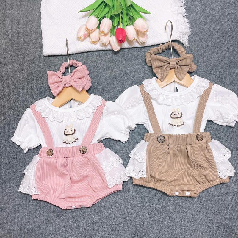 T.Huyền- Sét Yếm Bèo 2 Màu Nâu Hồng + Áo Béo Trắng Cho Bé Gái 5-12 Kg, yếm Hè