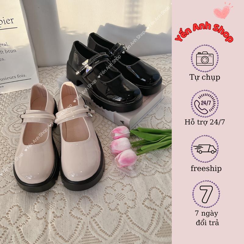 G1 Giày Lolita quai bản to phối nơ đá sang chảnh đế cao 5cm Giày Đốc nữ chân gầy mảnh nhiều lùi 1 size