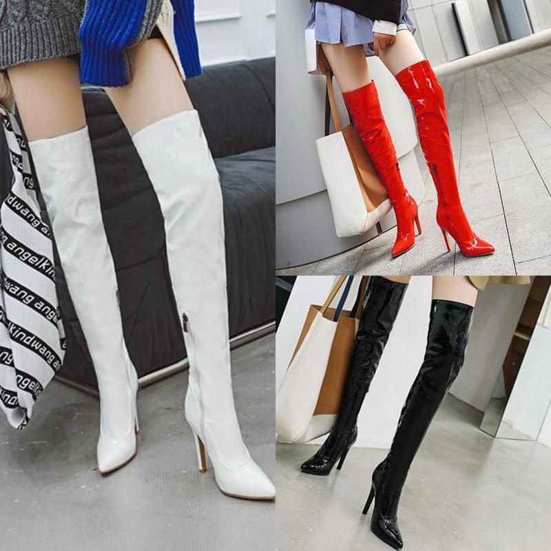  Giày boot nữ cổ cao Da bóng  Boot đùi mũi nhọn gót nhọn màu đỏ trắng đen BNCC8 Shoes  Bốt 