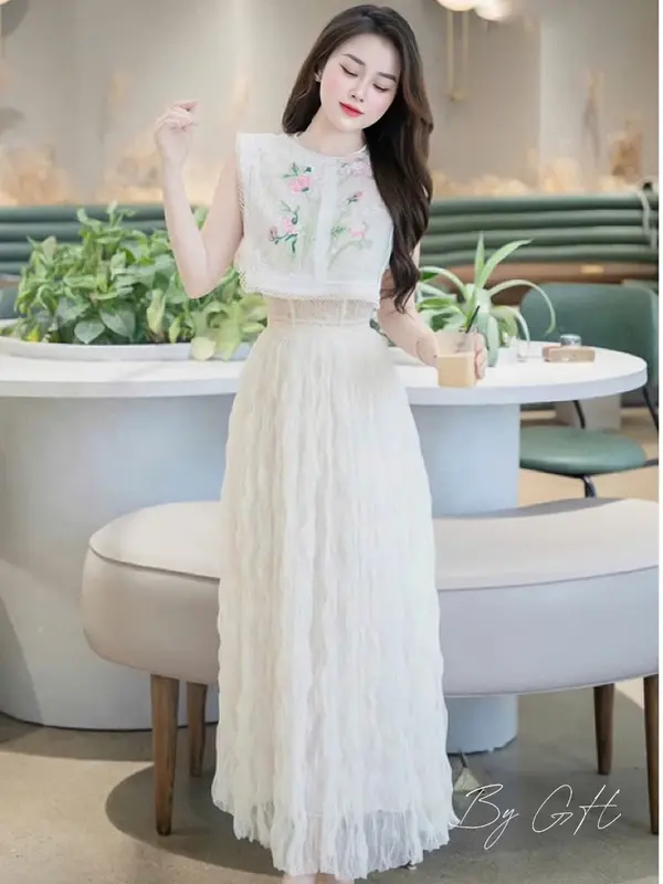 Đầm dự tiệc sát nách ren thêu tỉ mỉ, Váy thiết kế dáng dài đi bàn chất voan tua rua tiểu thư cao cấp 2