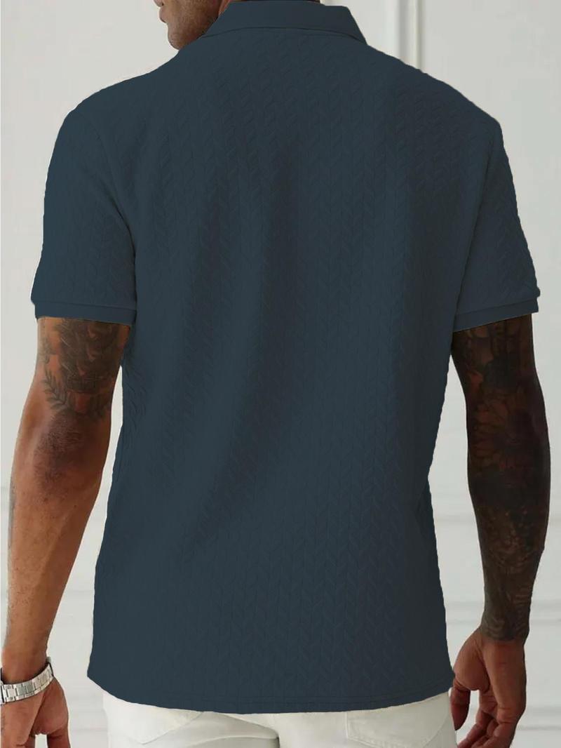 Product Introduction of Men's Regular Fit Plain Jacquard Polo Shirt, Casual Short Sleeve Button Collar Top for Summer, Fashion Men's Clothes for Daily Wear 6