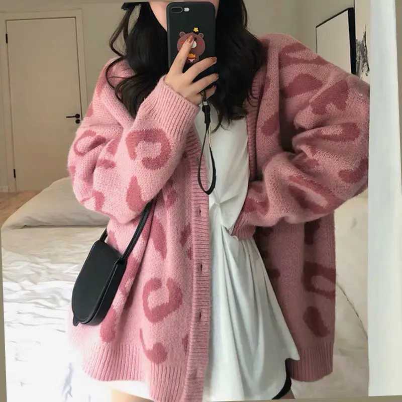 Áo Cardigan Họa Tiết Báo Hồng Chất Len Mềm Mịn Dày Dặn Form Rộng