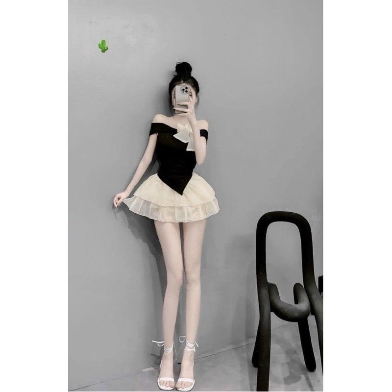 Set áo tăm trễ vai phối nơ dài tay kèm chân váy xoè to đũi dễ thương, Set bộ hề váy tơ áo trễ vai Nữ Kem Women Top 7