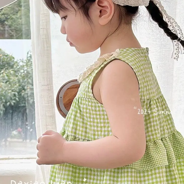 E408 Đầm công chúa sát nách xanh cổ phối ren trắng gắn bông siêu xinh chất thô mềm cho bé gái đi học đi chơi, đi đám cưới | EMBESTIHON 6