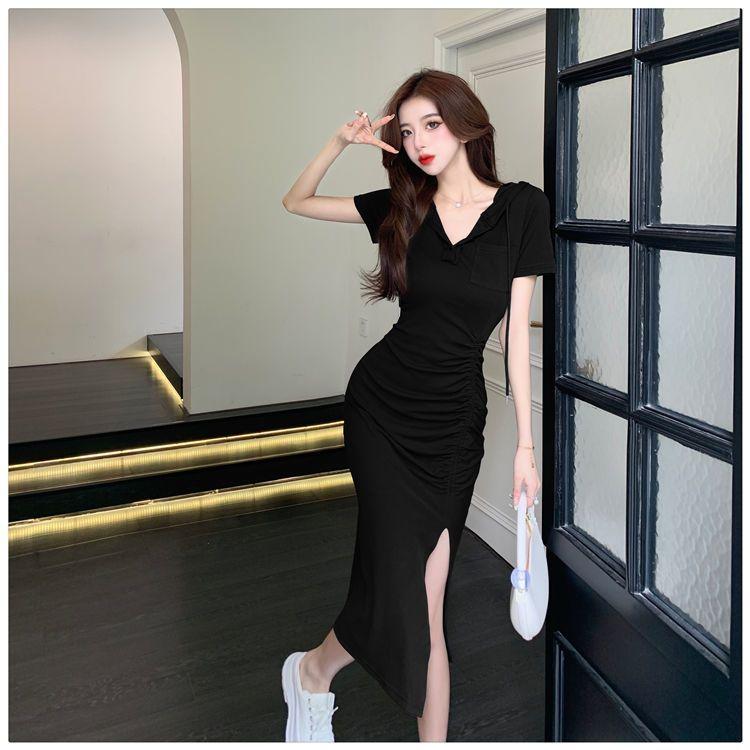 Product Introduction of Casual new style fashionable split mid length hooded skirt with women's summer temperament, waist cinched short sleeved drawstring dress 15