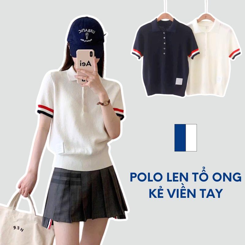 Áo polo cộc tay viền màu xanh đỏ, áo len nữ cổ bẻ thom tổ ong Renee Store - AL2185 Top Women