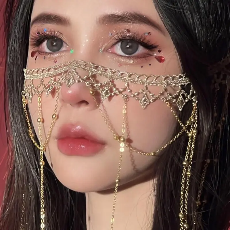 Super immortal ancient style, face covering tassel veil, Hanfu ancient costume, COS headwear, face covering accessories, internet famous, photographed Western Region dancer