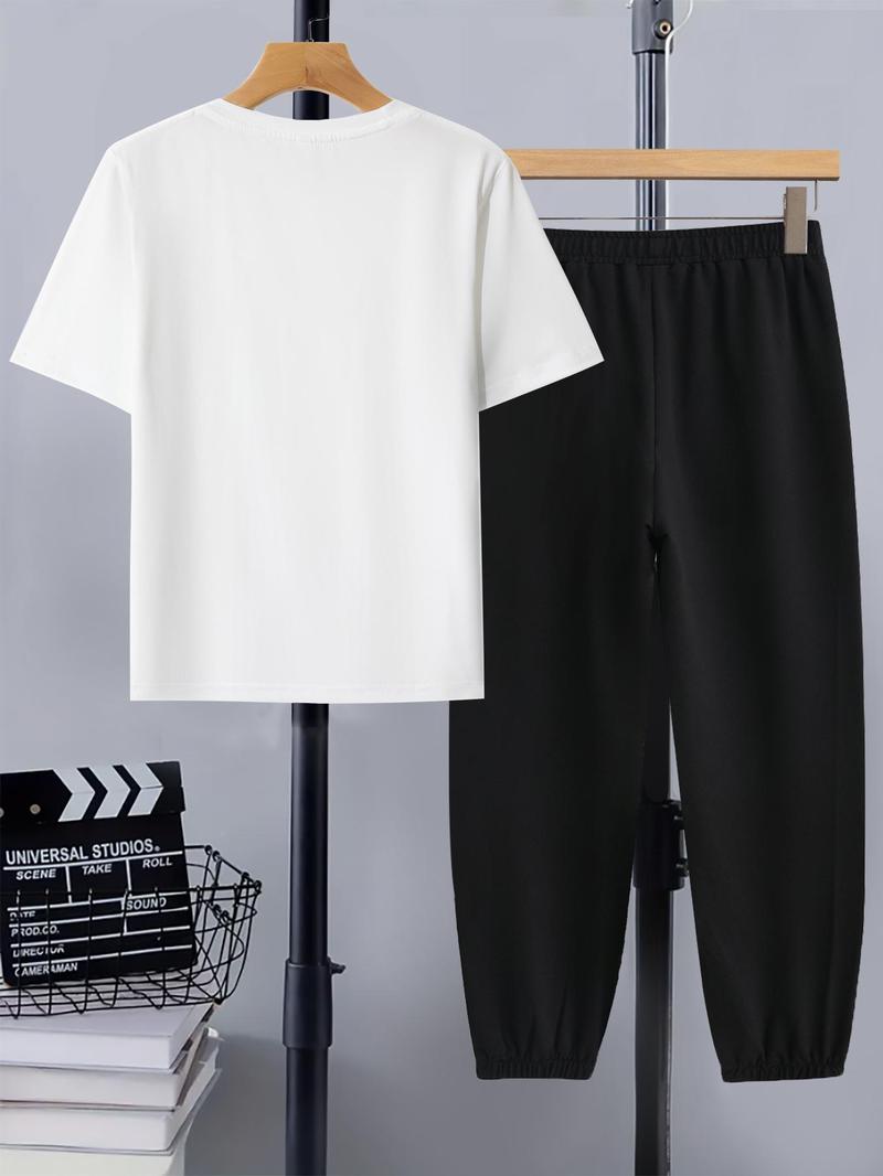 Product Introduction of Two-Piece Set Boy's  Skeleton Print Tee & Elastic Waist Pants Set, Casual Short Sleeve Round Neck T-shirt & Pocket Trousers, Kids Summer Clothes 2