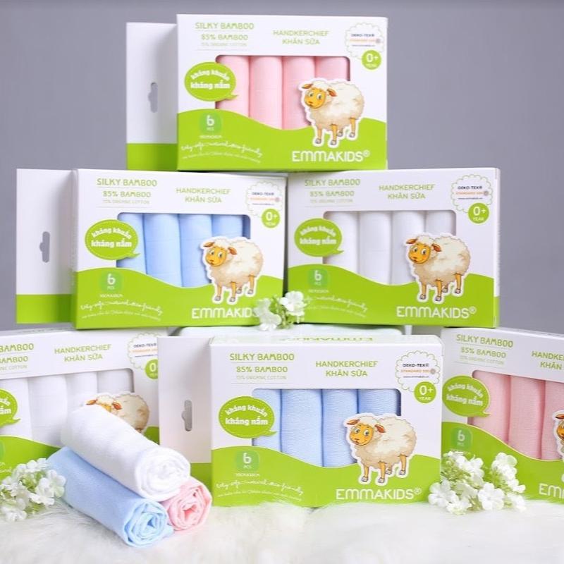 Hộp 6 Khăn Sữa Sợi Tre 2 Lớp Mềm Mỏng Thấm Hút Tốt size 30*30cm Hãng Emakids Cho Bé Sơ Sinh Voi