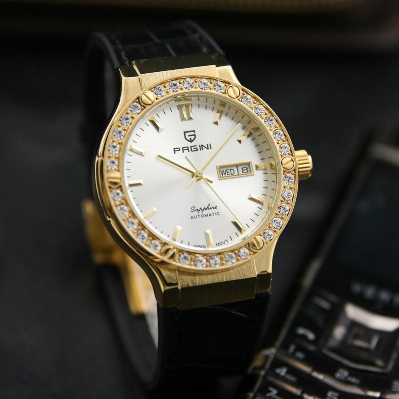Đồng Hồ Nam PAGINI 1852 Đính 30 Viên Đá KC Nhân Tạo Trên Mặt Có Lịch Ngày Thứ Chống Nước Chống Xước - Bảo hành chính hãng 2 Năm