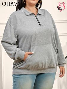 CURVZY Plus Size Solid Zip Up Drop Shoulder Sweatshirt, Casual Long Sleeve Collared Pullover for Daily Wear, Women's Clothing for Fall