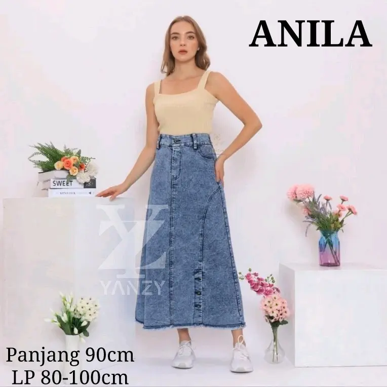 Rok Jeans Anila Denim Skirt Panjang Wanita Terbaru Biru Hitam Nyaman