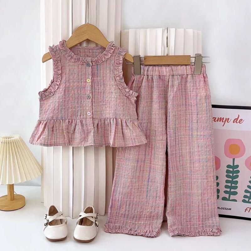 Bộ Đồ Hai Mảnh Mùa Hè Cho Bé Gái, Màu Hồng, Áo Không Tay Một Hàng Cúc, Quần Thường Ngày Bộ Đồ Trẻ Em Mới, Quần Áo Trẻ Em 0