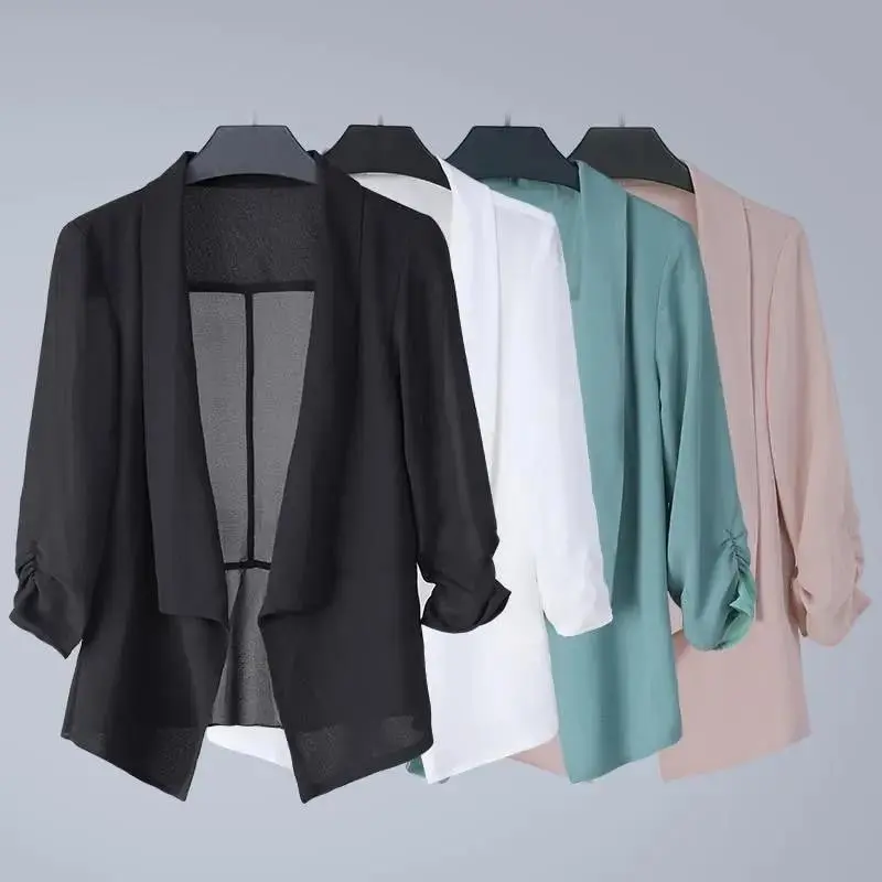 S-5XL Women Blazer Jacket Chiffon Thin Slim Loose Spring Summer Autumn Fashion Casual Elegant Business Formal Office Work Suit Plus Size Black White Pink Red Green
