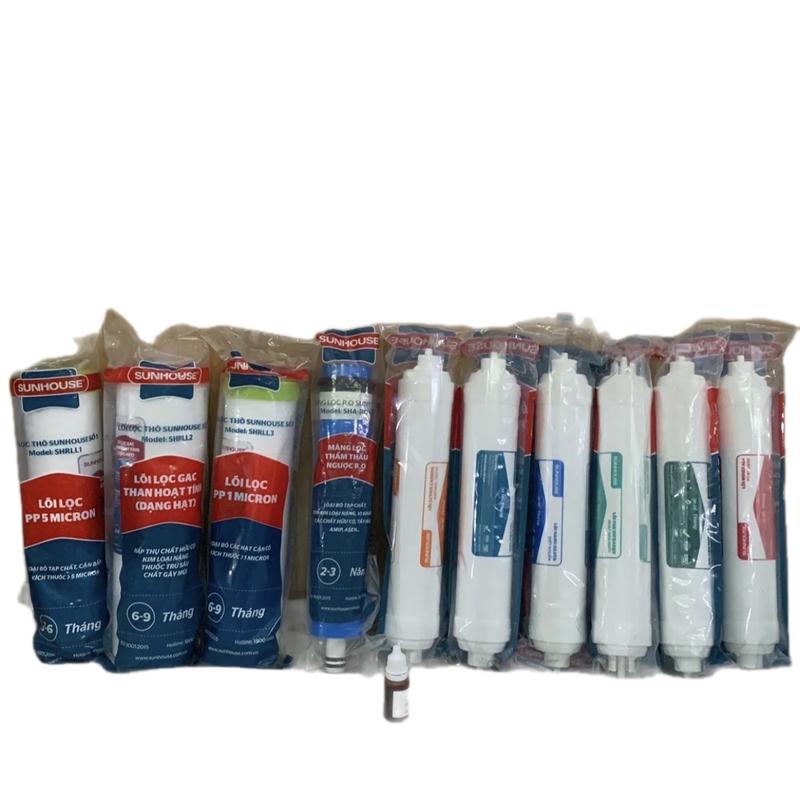 Trọn bộ 10 lõi lọc nước SUNHOUSE hàng chính hãng gồm 1,2,3,RO, lõi khoáng 5,6,7,8,9,10 Nano,Farin,Minerl,Alkaline,A,Hydr dùng cho tất cả dòng máy lọc nước RO tặng tay công, góc ren nối nhanh,lọ thử PH,nâng cao PH, bổ sung khoáng chất, tạo vị ngọt của nước
