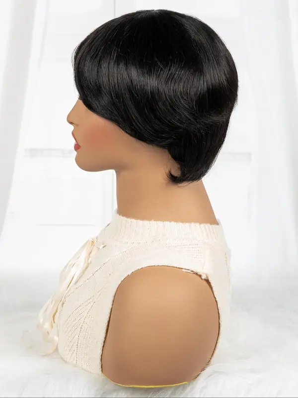 Black Short Bob Wigs for Women, Gorgeous Fluffy Wigs with Bangs, Human Hair Full Machine Wigs for Party, Daily Use 7