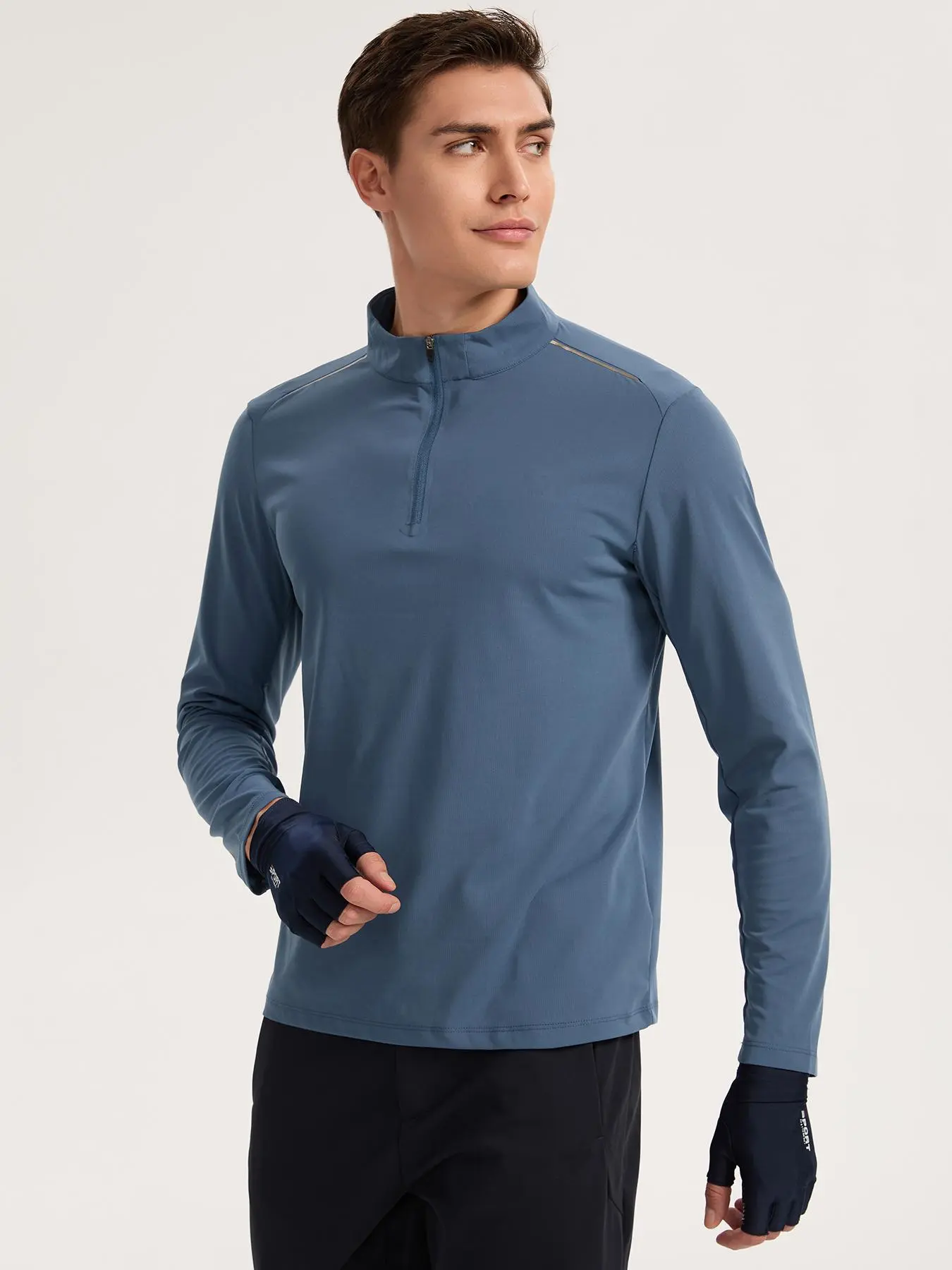 Men's Solid Zip Up Half Placket Ski Baselayer Top, Regular Fit Long Sleeve Mock Neck Top for Fall & Winter, Men's Sportswear for Indoor Outdoor Wear