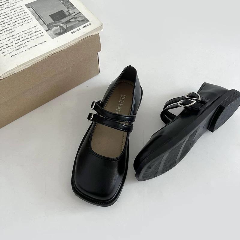 Giày Lolita Da Lì Mềm Mũi Vuông 2 Quai Đế Thấp Nhẹ Nhàng - Size 35-39 - Shoes, Nữ
