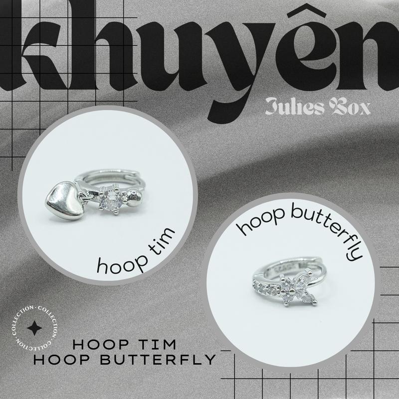 1 Chiếc BẤM Khuyên Tai Xỏ Nam Nữ Hoop Butterfly + Tim Unisex Bằng Đồng Đính Đá Màu Bạc Không Gỉ Bông Tai Julies Box 66