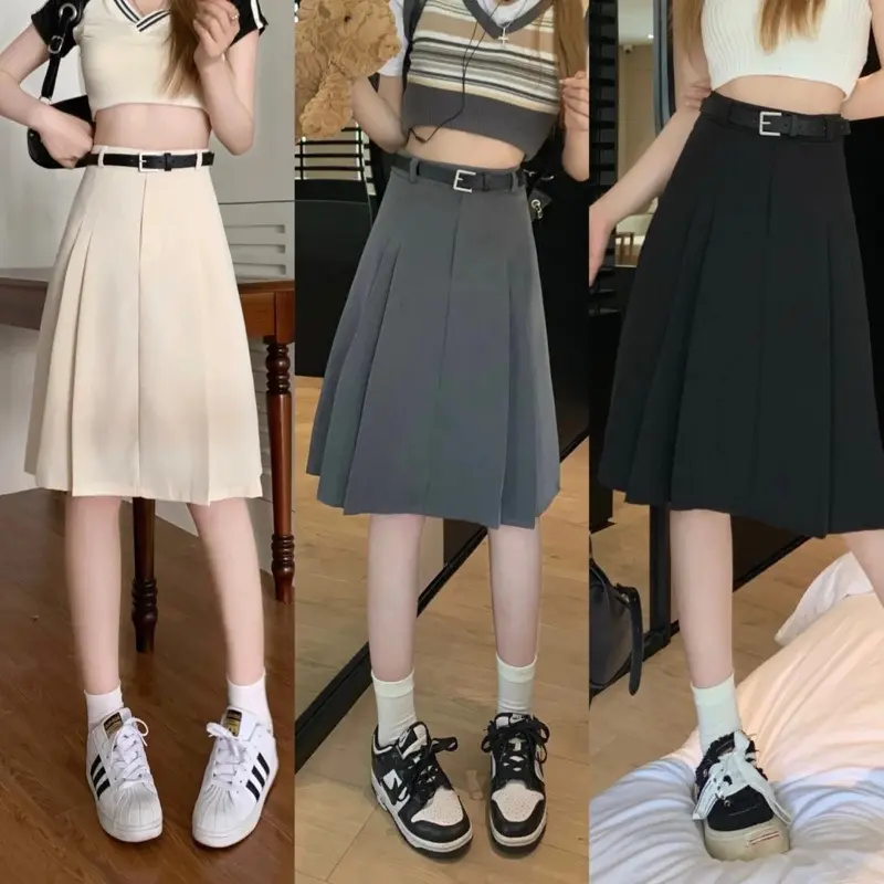 Guanfashion Chân váy chữ A xếp ly dài 60cm, Mã CV91 (tặng kèm đai) Chân váy Nữ chân  váy có đai Women Kem Đen