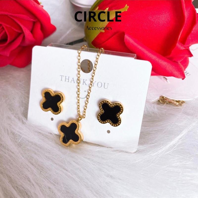Set dây chuyền kèm bông tai hoa khế đen trắng mạ vàng 18K cực kỳ sang chảnh, bền màu không han gỉ 5