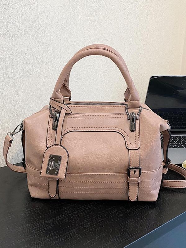 Women's Solid Color Oil Wax Boston Bag, Fashionable PU Leather Crossbody Bag for Daily Used, Casual Trendy Versatile High-quality Daily Commuting Bag 5