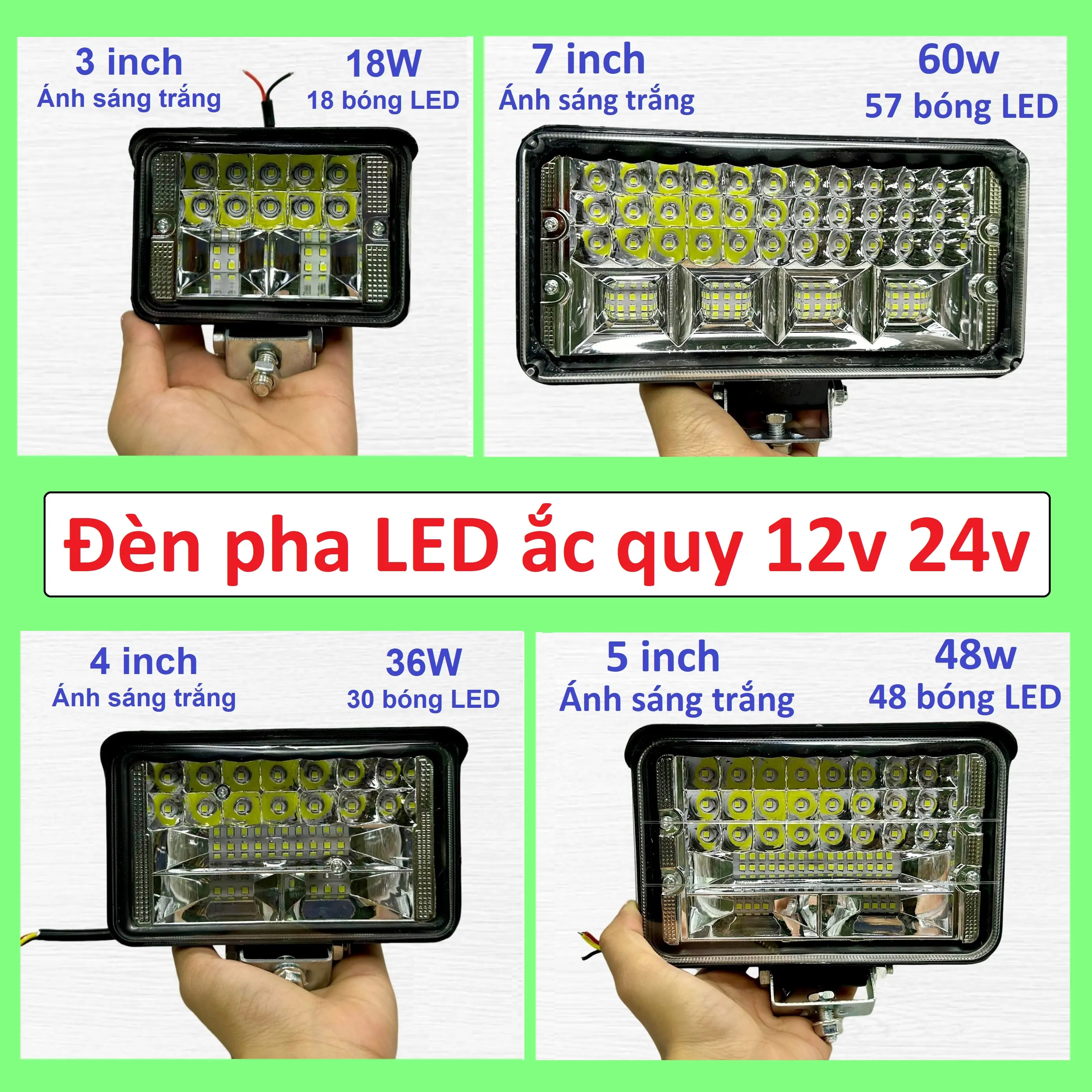 Đèn pha LED ắc quy 12v 24v chống nước ánh sáng trắng máy gặt kéo cày, tàu ghe, công nông, xe đạp điện, máy cuốc xúc cube den đè n den  phasieusang