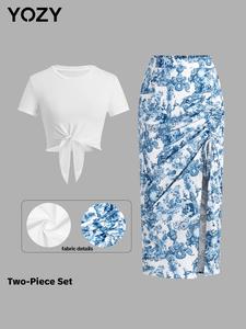 YOZY Women's Plain Top & Skirt Two-piece Set, Casual Fashion Cozy Top & Skirt for Daily Outdoor Wear, Ladies Clothes for All Seasons
