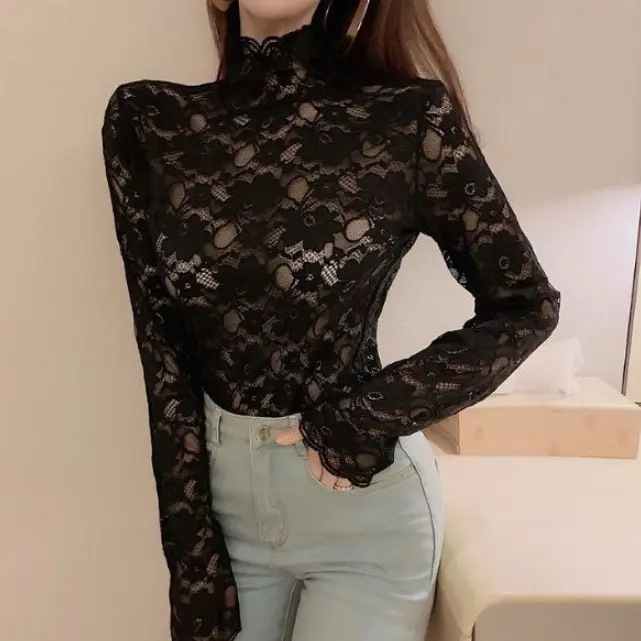 Áo Lớp Cơ Sở Ren Lưới, Cổ Lọ, Dáng Ôm, Hàng Mới Về, Thích Hợp Cho Mùa Thu Và Mùa Đông, Mỏng Vừa Vặn, Thiết Kế khoét Dễ Phối Đồ Và Hợp Xu hướng Áo Dài Tay, Thời Trang, Năm 2025