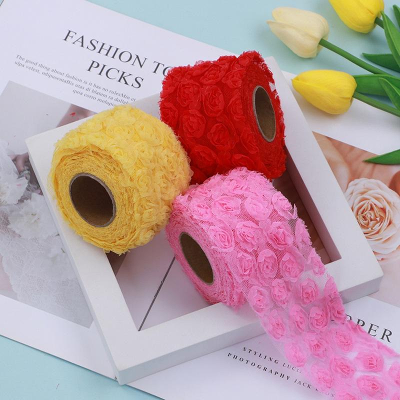 New DIY Rose Lace Applique Chiffon Gradient Color Trim Ribbon 6cm Flower Embroidered Costume Headdress 4