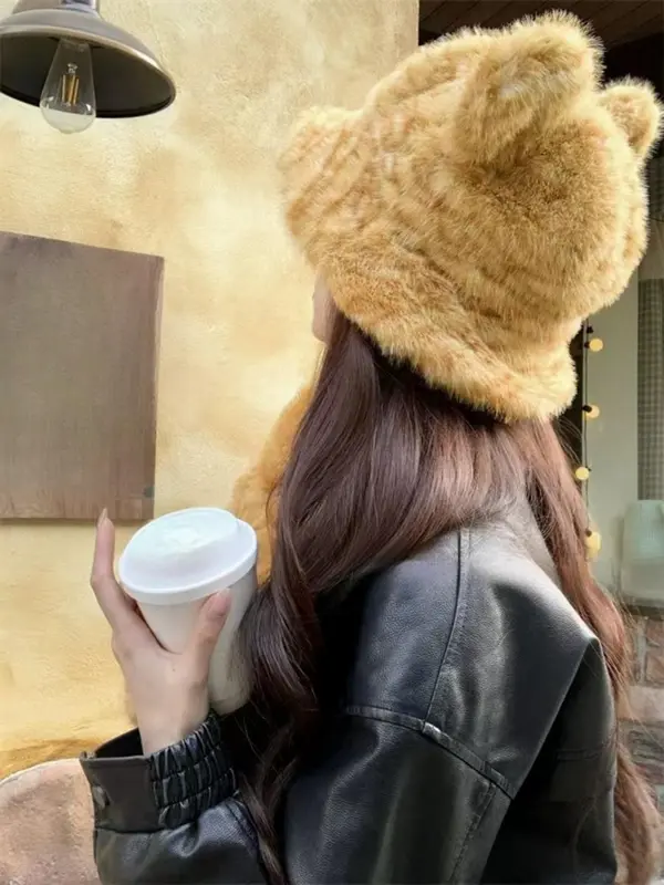 Cute Bear Ear Design Hat & Scarf & Bucket Bag Set, Casual Plush Tiger Pattern Hat & Scarf & Bag Set for Women & Men, Fashion Accessories for Daily Wear 4