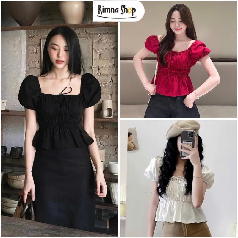 Áo Babydoll Linen Cổ Vuông Tay Bồng Nơ Ngực Xinh Xắn