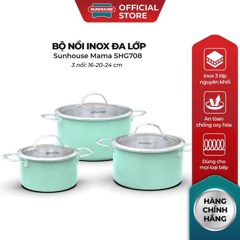 Bộ nồi inox đa lớp Sunhouse Mama SHG708 - 16/20/24cm - 3 lớp nguyên khối - An toàn chống oxy hóa - Dùng mọi loại bếp