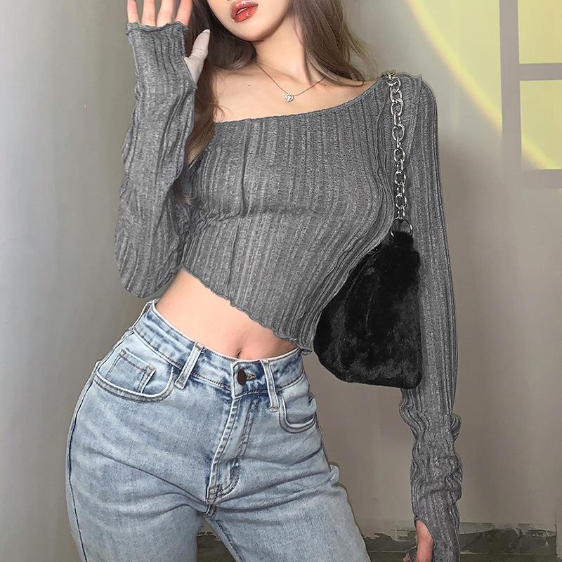 Product Introduction of Open navel fashion irregular sloping shoulder long sleeved T-shirt 4