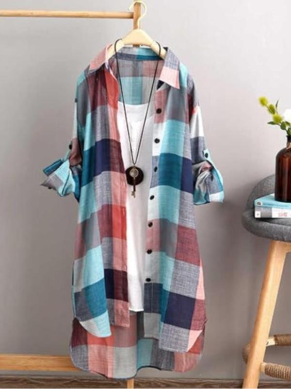 【Plus Size】 Women's Plaid Print Button Front High Low Hem Shirt, Casual Roll Up Sleeve Collared Top for Daily Wear, Ladies Clothes for All Seasons 3