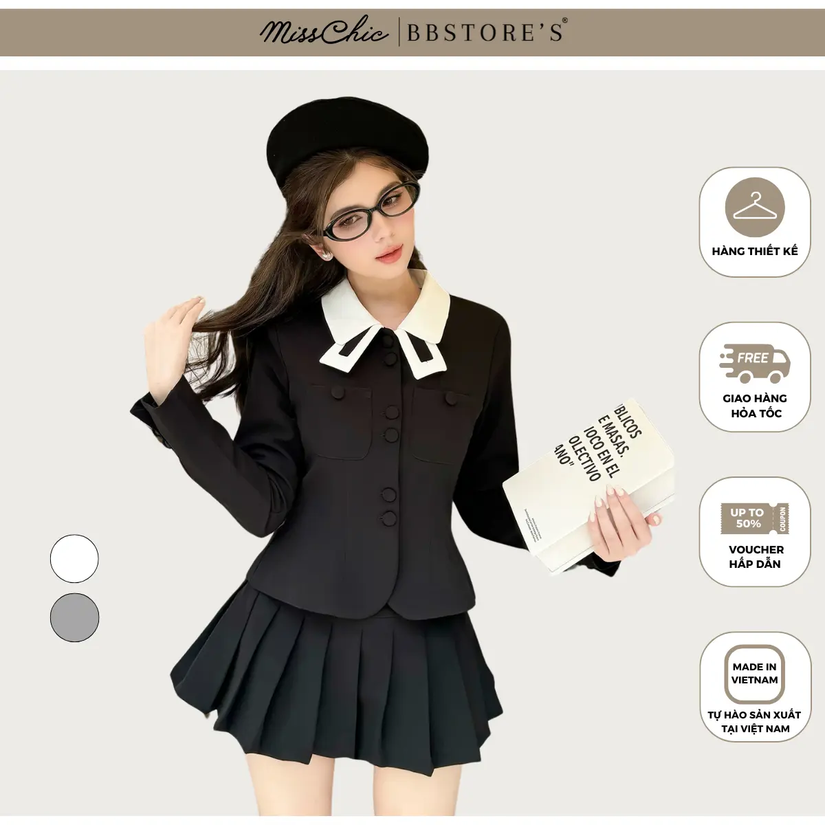 Áo Kiểu Cổ Sơ Mi Phối Trắng Tay Dài Nút Bọc Form Thắt Eo MissChic x BBSTORE'S - A4100B