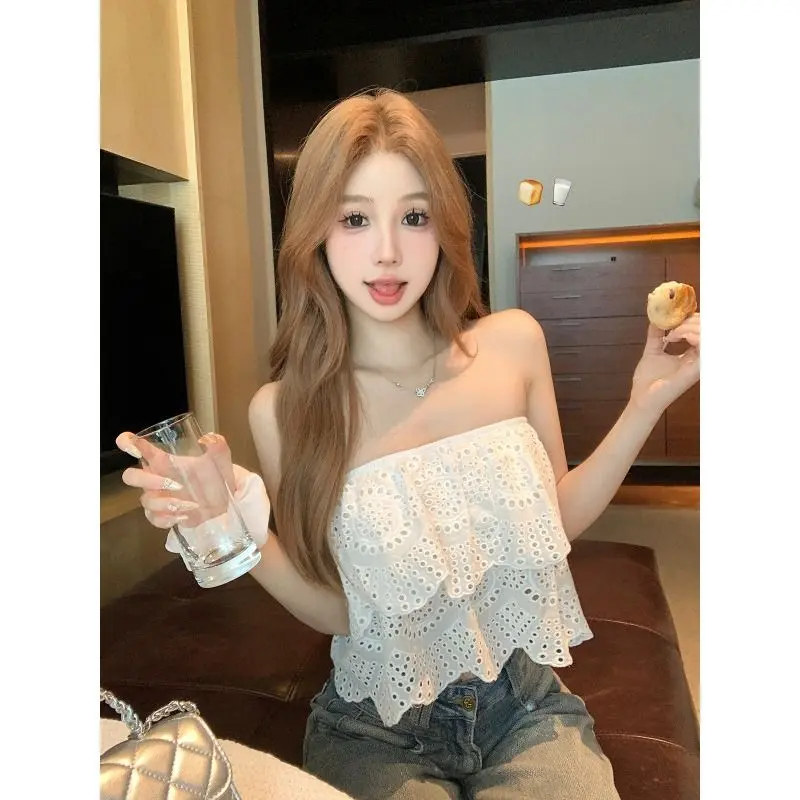 Áo Sơ Mi Nhỏ Phong Cách Phương Tây, Dành Cho Phụ Nữ, Mặc Mùa Hè, Dễ Thương Và Gợi Cảm, Áo Ống, Áo Vest, Phong Cách Kỳ Nghỉ, Thêu khoét Quấn Ngực, Áo Mặc Bên Ngoài