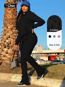 Two-Piece Set Women's Plain Drawstring Pocket Hoodie & Elastic Waist Flare Leg Pants Set, Casual Long Sleeve Hooded Sweatshirt & Bell Bottom Trousers, Women's Fall & Winter Clothes